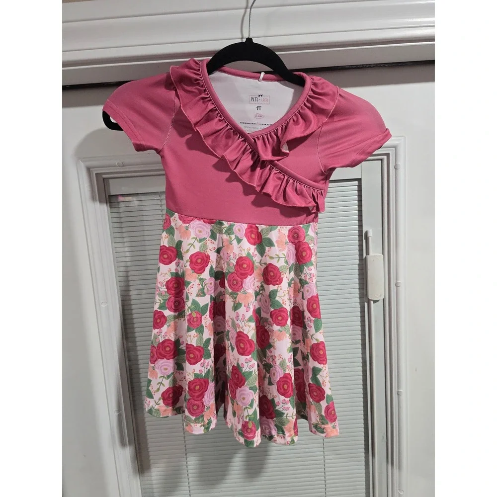 Pete + Lucy Girls Pink Floral Ruffle Short Sleeve Dress P+Lush Boutique 4T NEW